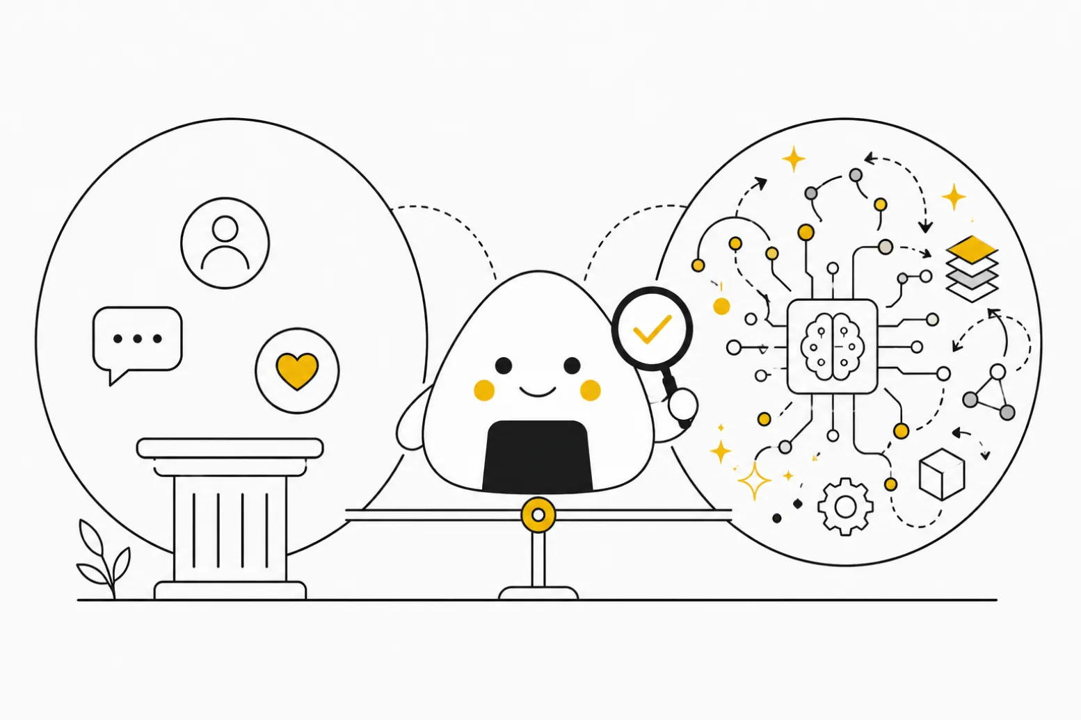 A conceptual digital illustration contrasting a foundational, timeless human problem space with an overly complex, flashy technological solution space, symbolizing strategic product management.