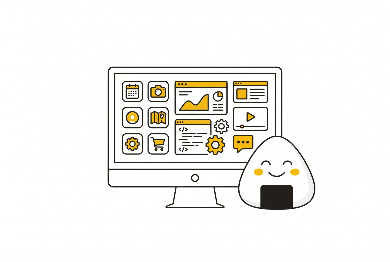 Illustration of digital products such as apps, software, and online content on a screen