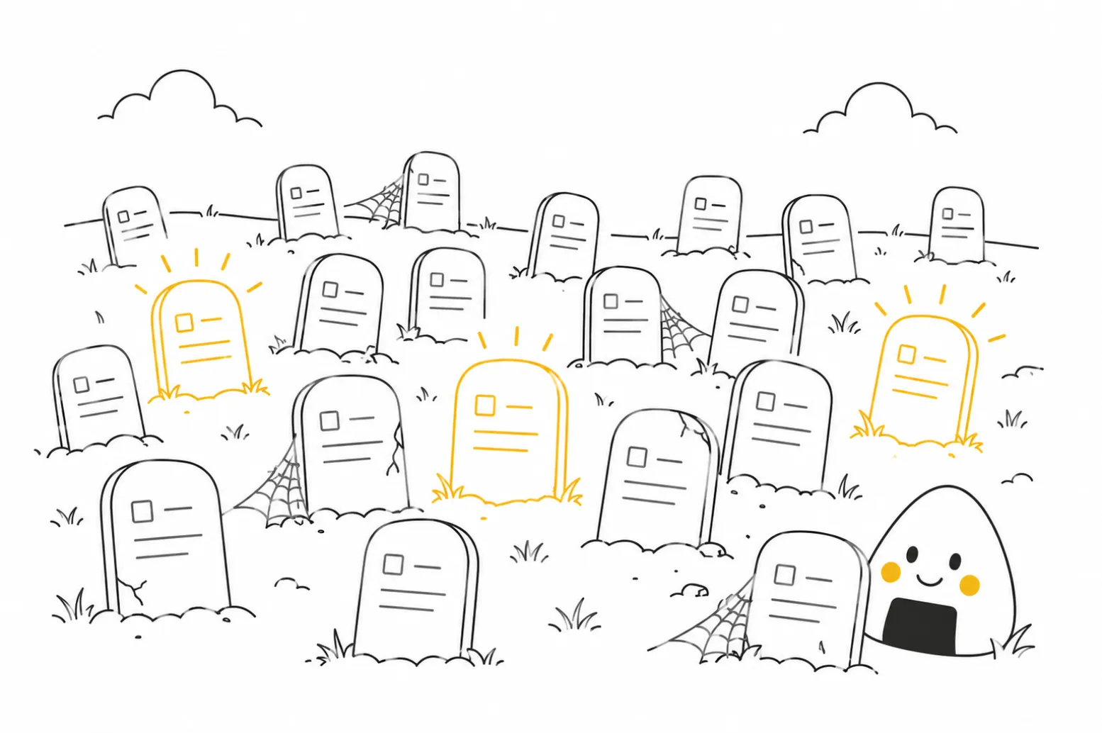Illustration of a cluttered product backlog depicted as a graveyard of forgotten ticket tombstones, with a few glowing, prioritized tickets standing out from the clutter.