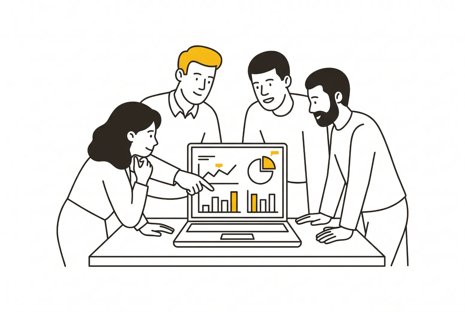 Product team reviewing a metrics dashboard on a laptop