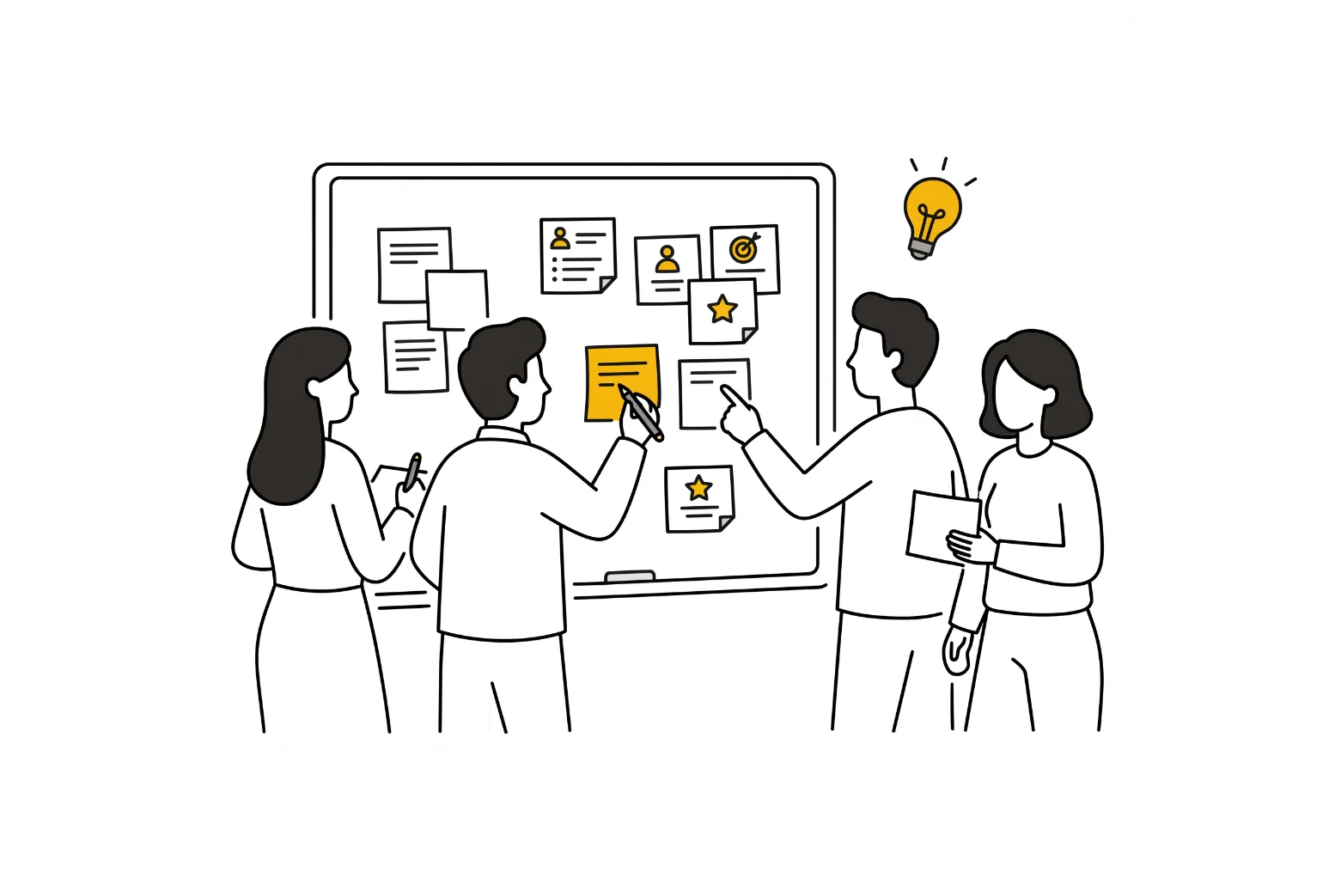 product team writing agile user stories on sticky notes