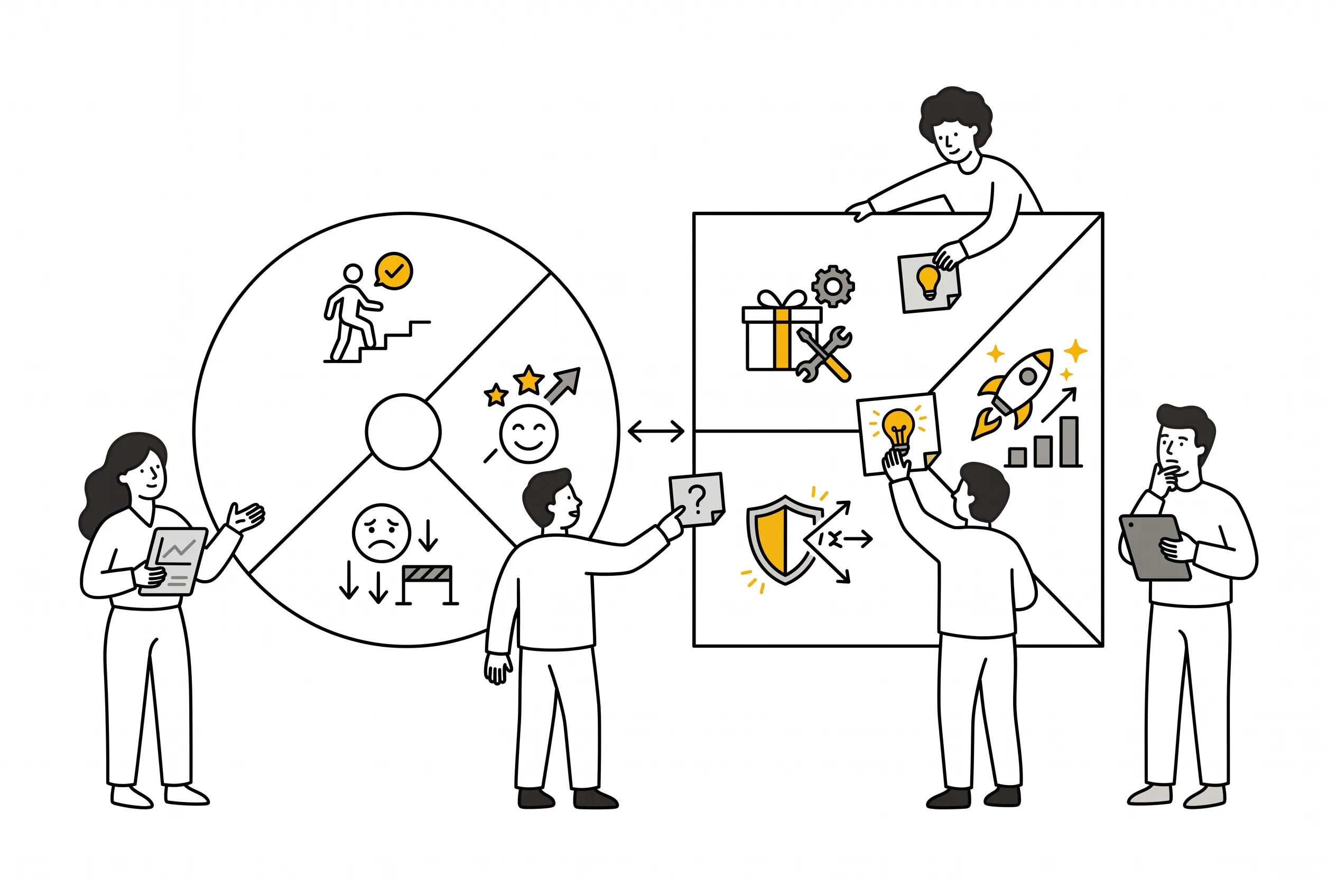 Product team mapping customer jobs, pains, and gains on a value proposition canvas