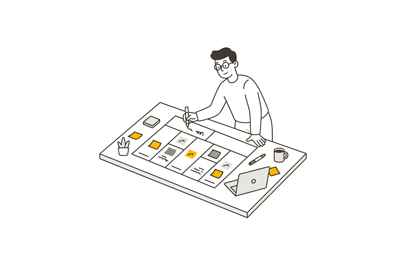 Product manager filling in a one-page lean canvas template on a desk