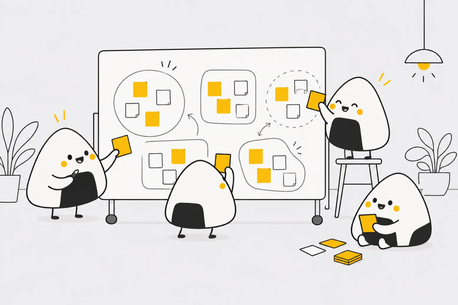 Product team sorting sticky notes on a whiteboard during an ideation workshop