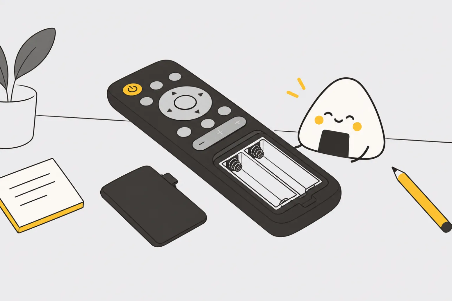 A TV remote control lying on a desk with its battery compartment open and empty.