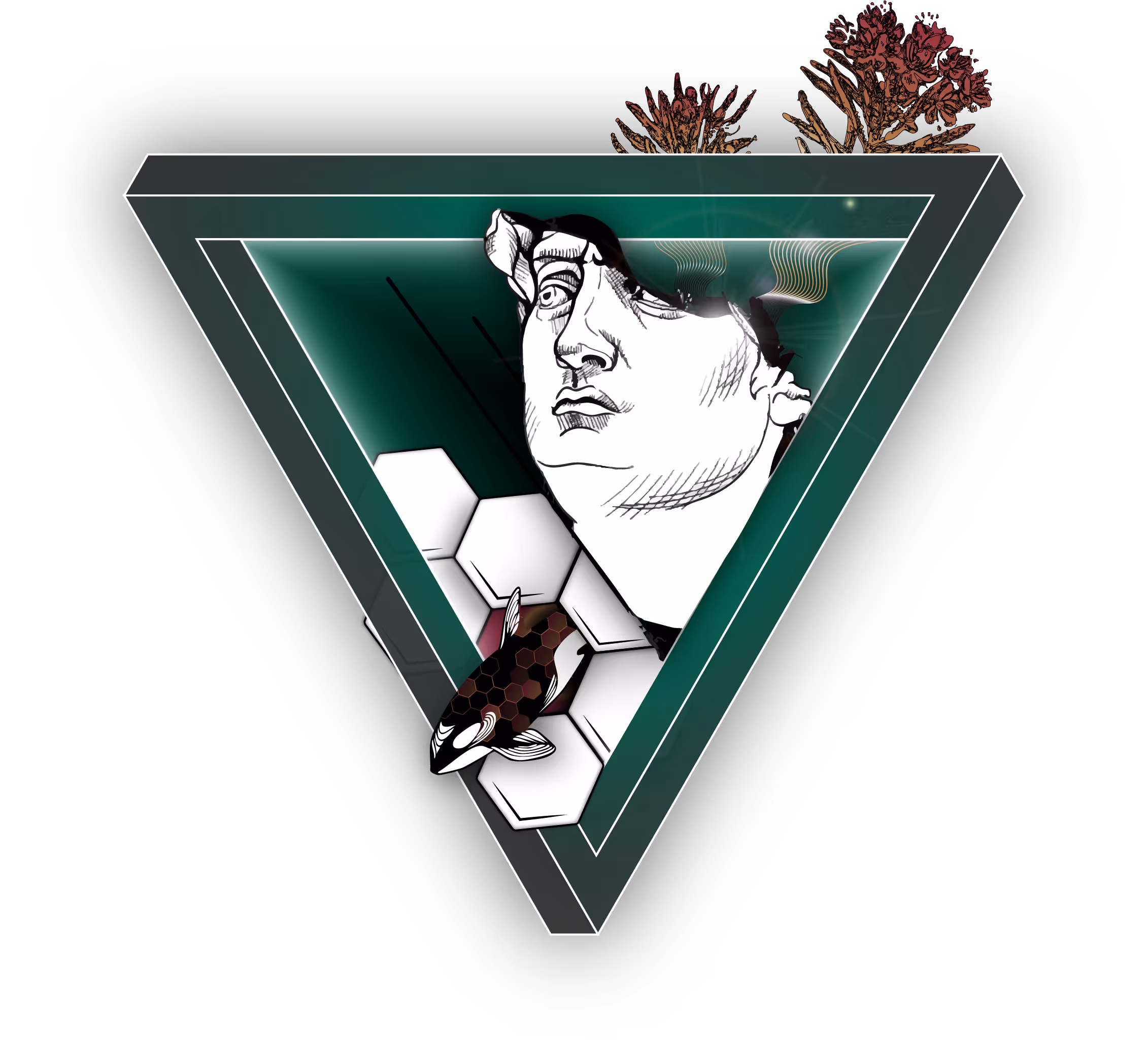 Eine Illustration die verschieden Werte symbolisiert. Das Dreieck steht für verschiedene Perspektiven. Die Pflanzen und Wellen für Wachstum und Symbiose. Der Kopf für die Ideen die aus Ihm sprießen. Der Orca für Strategie und die Bienenwaben für Struktur.