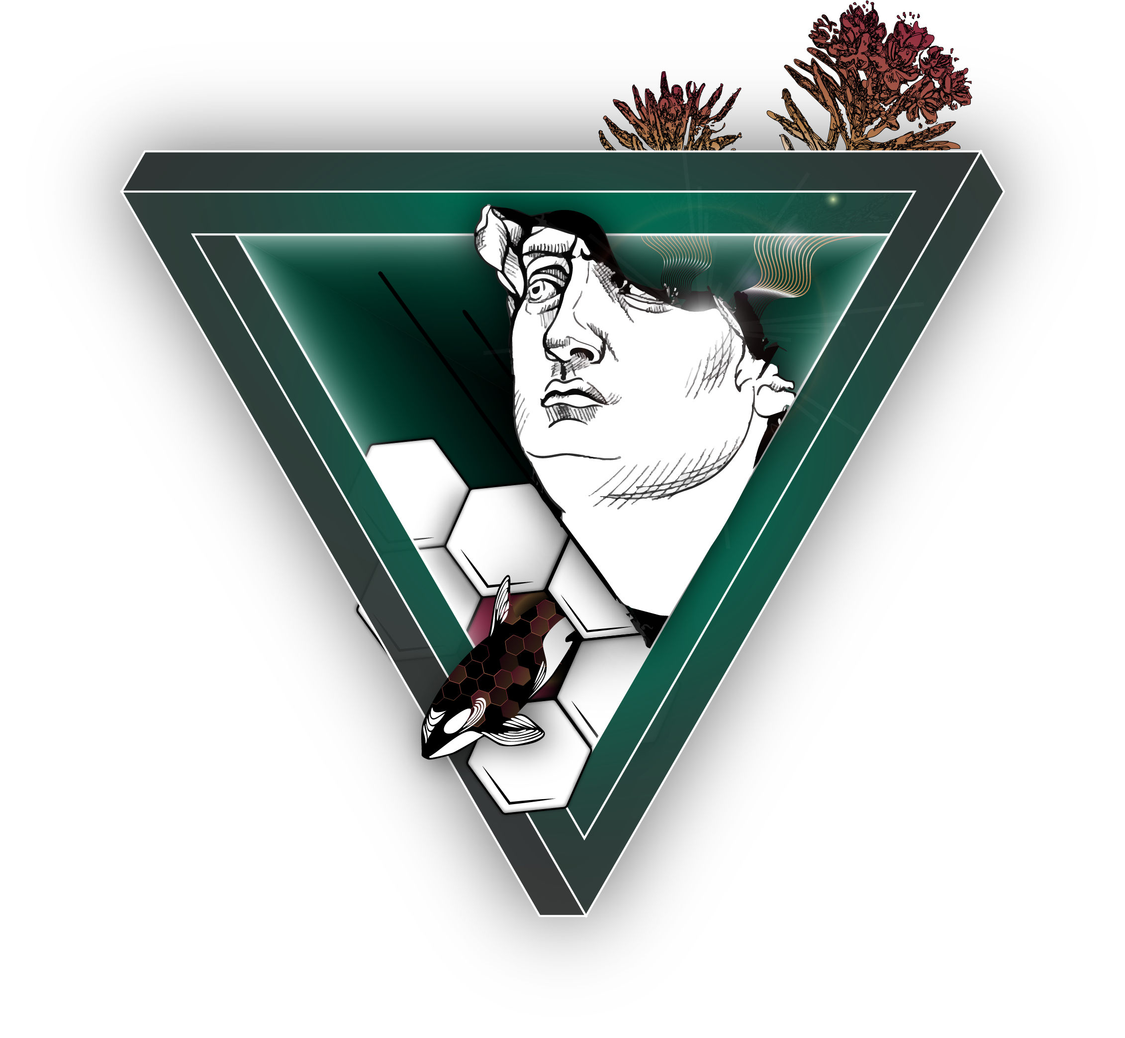 Eine Illustration die verschieden Werte symbolisiert. Das Dreieck steht für verschiedene Perspektiven. Die Pflanzen und Wellen für Wachstum und Symbiose. Der Kopf für die Ideen die aus Ihm sprießen. Der Orca für Strategie und die Bienenwaben für Struktur.