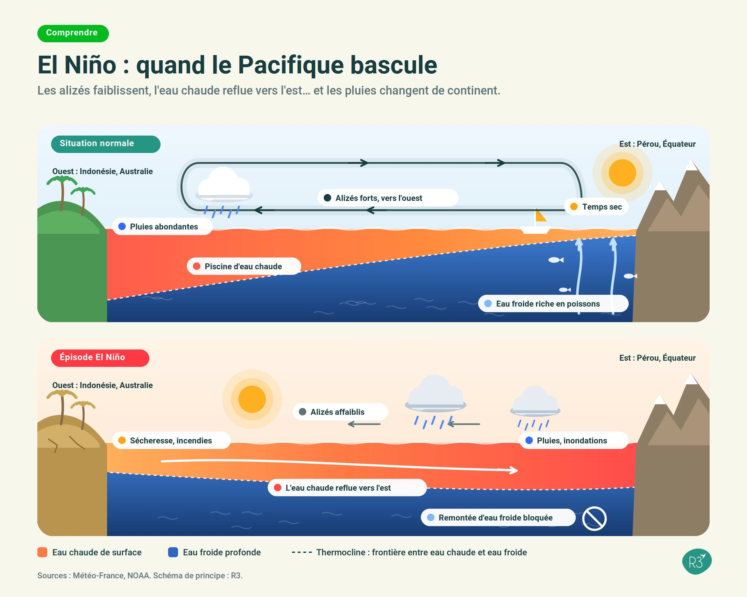 Coupe du Pacifique équatorial en situation normale puis pendant El Niño : les alizés faiblissent, l'eau chaude se déplace vers l'Amérique du Sud et les pluies migrent vers le centre de l'océan.