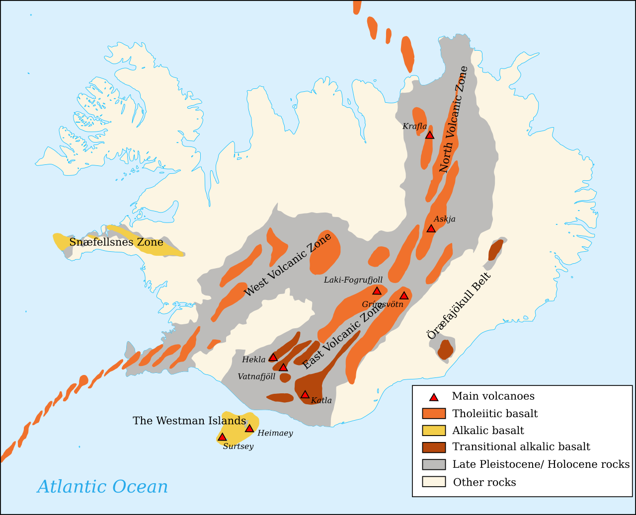 Map of Iceland's four volcanic zones - Western, Eastern, Northern and Reykjanes - running northeast to southwest along the Mid-Atlantic Ridge