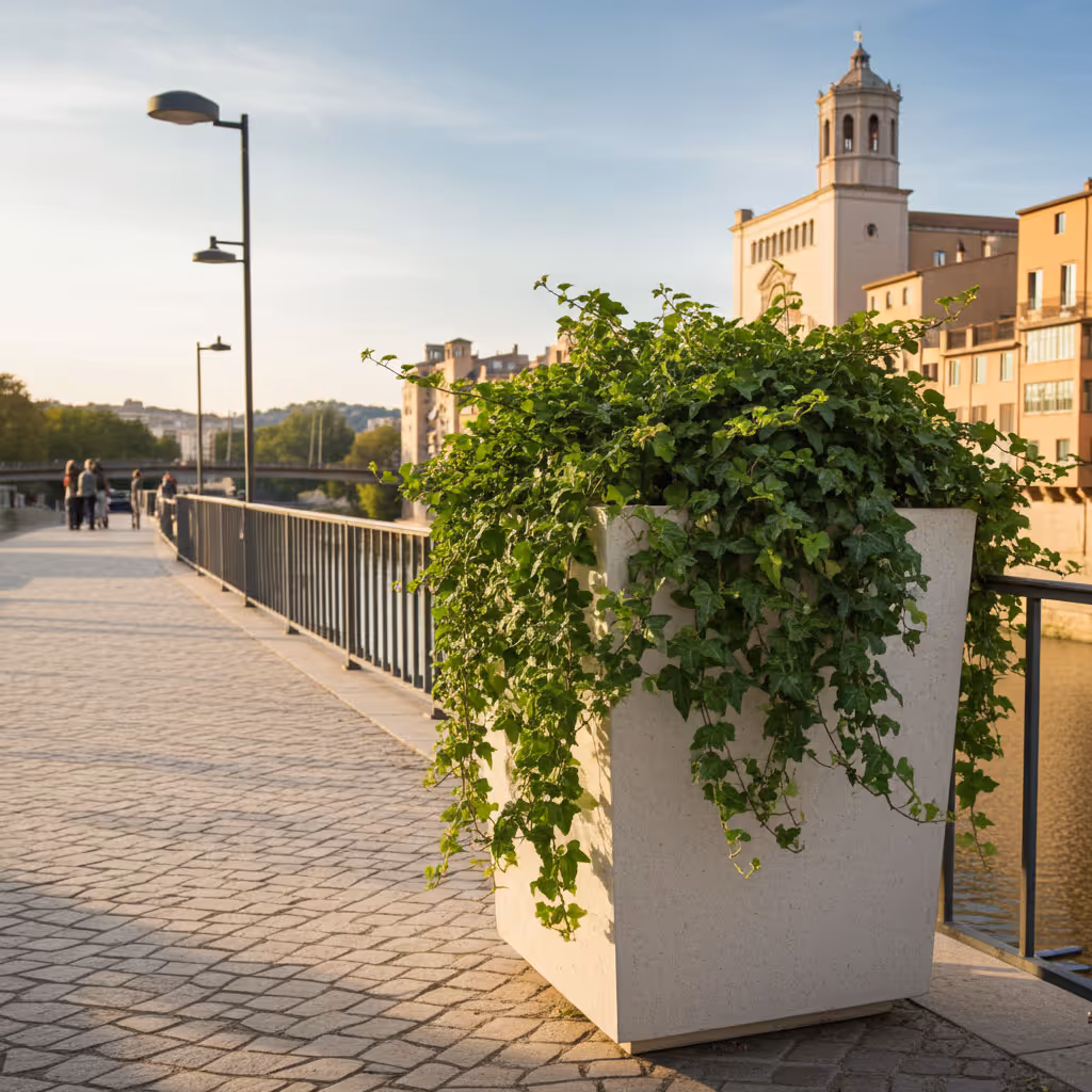 Maceta grande con planta tupida de hojas verdes en una acera junto a un río y un edificio histórico al fondo.