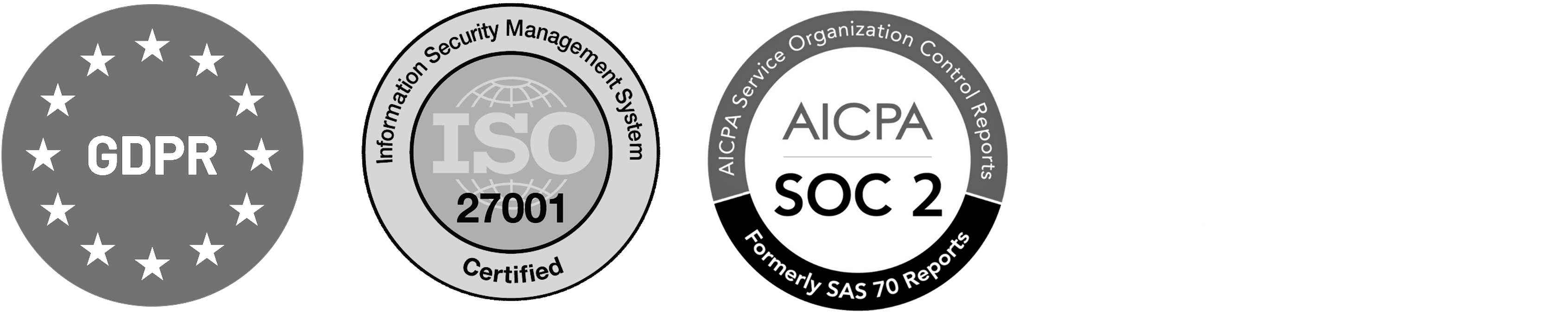 Badges for GDPR, ISO 27001 certified, AICPA SOC 2, and HIPAA compliance.