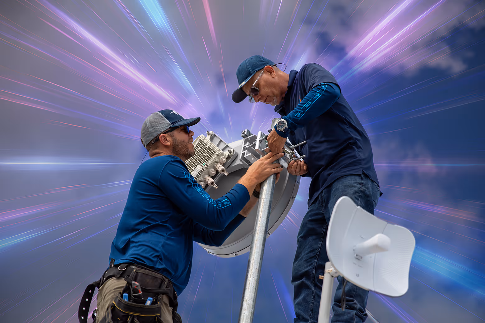 Two technicians on the roof installing an antenna.