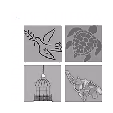 Four square icons showing a dove with an olive branch, a sea turtle, a lighthouse, and a coral reef.
