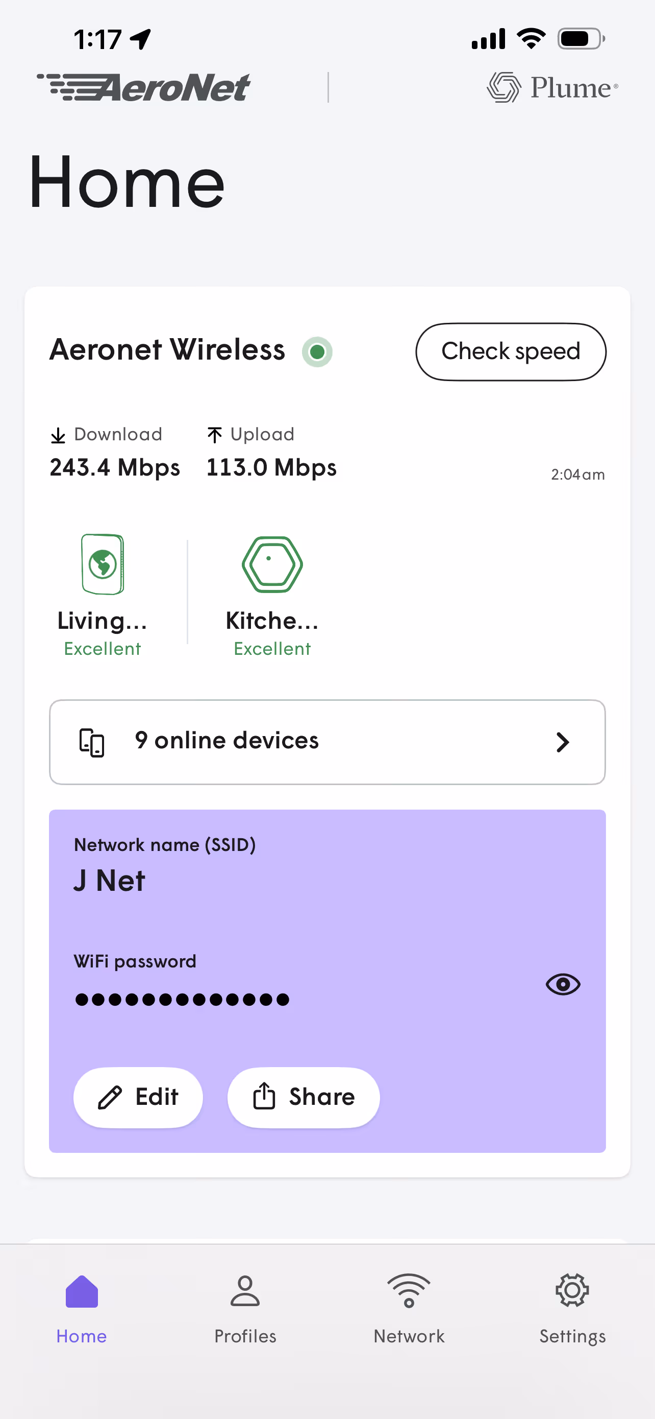 A Wi-Fi app interface showing Aeronet Wireless with download speed 243.4 Mbps, upload speed 113.0 Mbps, 9 online devices, network name J Net, and a hidden WiFi password.
