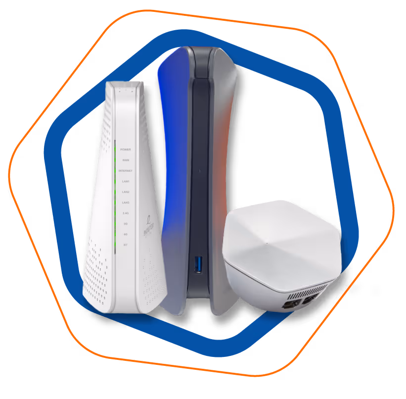 Three modern networking devices including a white vertical router with indicator lights, a sleek black vertical device with a blue USB port, and a small square white device with Ethernet ports.