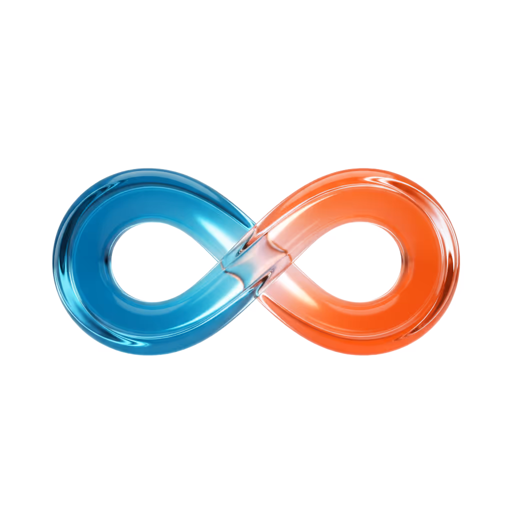 3D infinity symbol with one loop in blue and the other in orange on a white background.