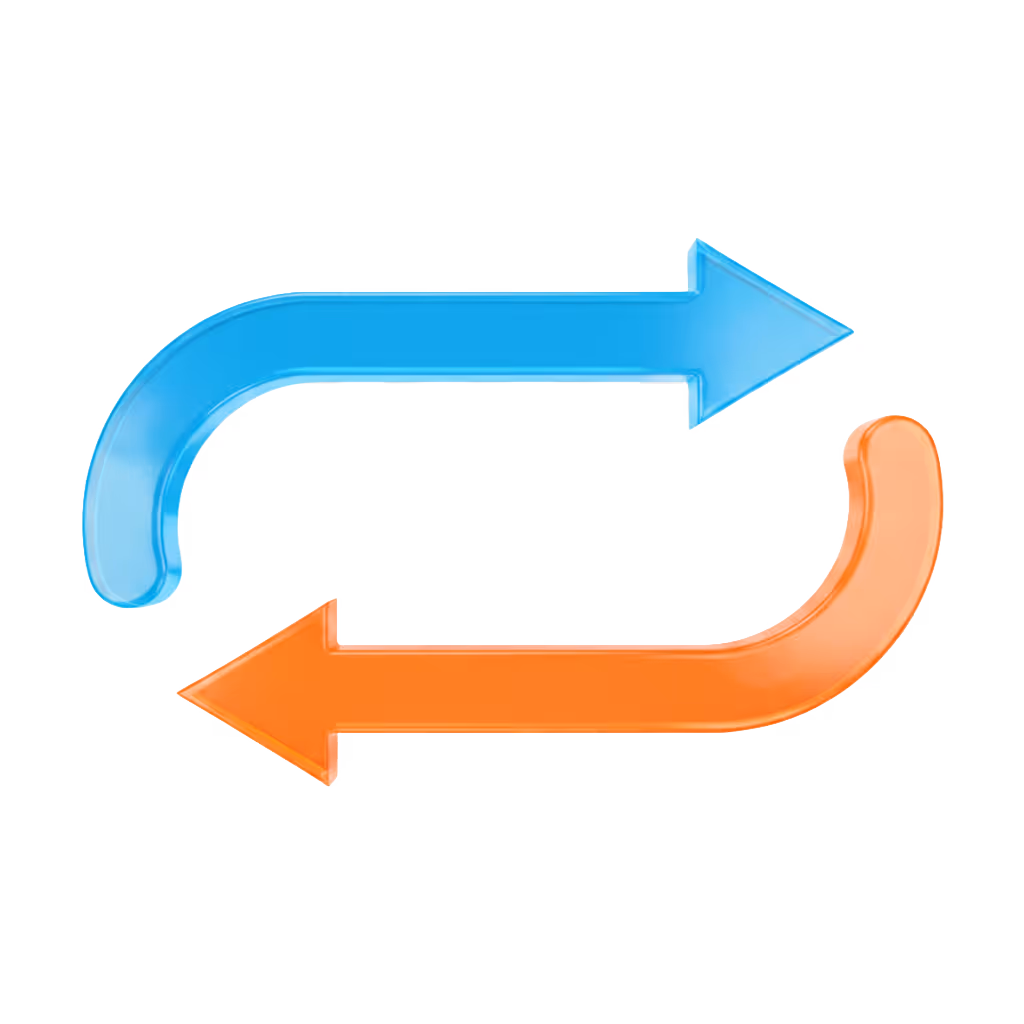Two curved arrows forming a cycle, the top arrow is blue and points right, the bottom arrow is orange and points left.