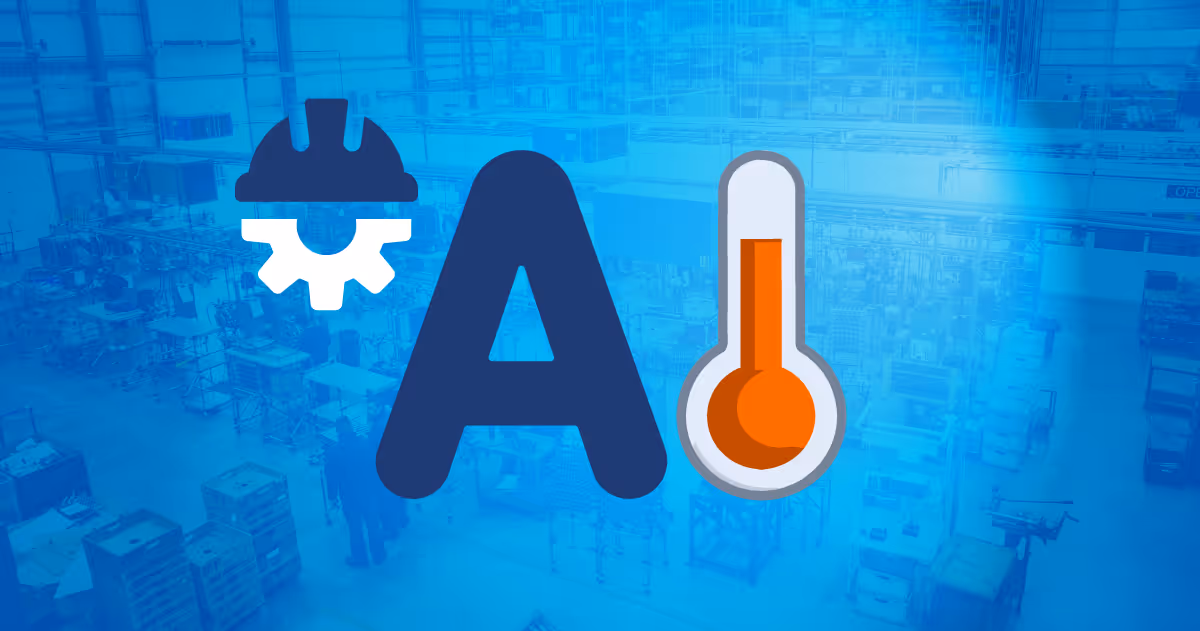 Blue-toned factory or industrial workspace background with icons of a construction helmet on a gear, a large letter A, and a thermometer indicating temperature.