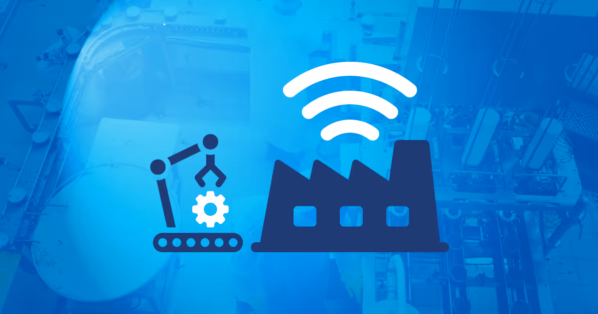 Industrial robotic arm placing a gear on a conveyor belt with a smart factory icon emitting wireless signal above it.