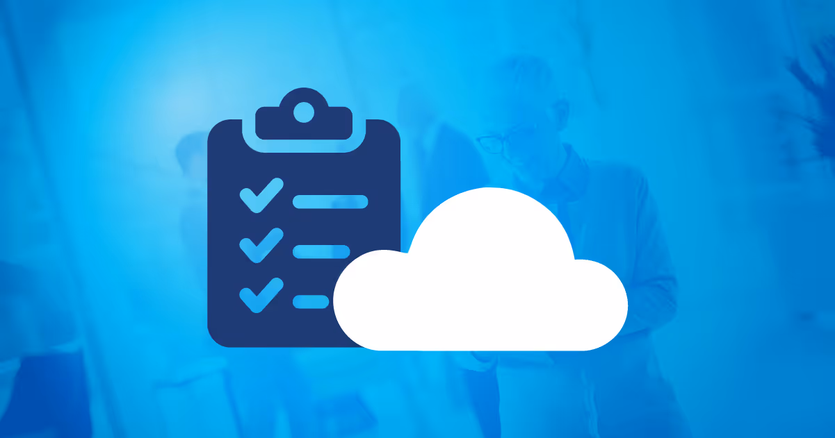 Dark clipboard with checkmarks icon and white cloud icon on a blue background with a faint image of a person working.