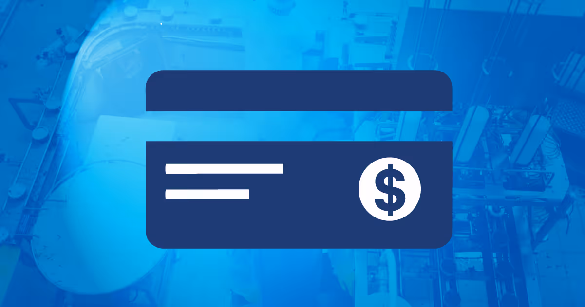 Graphic of a credit card on a blue background with a dollar sign icon.