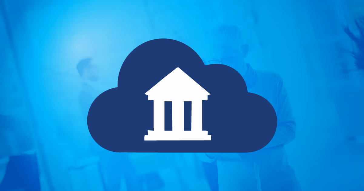 White classical bank building icon inside a dark blue cloud shape on a blue blurred background with people.