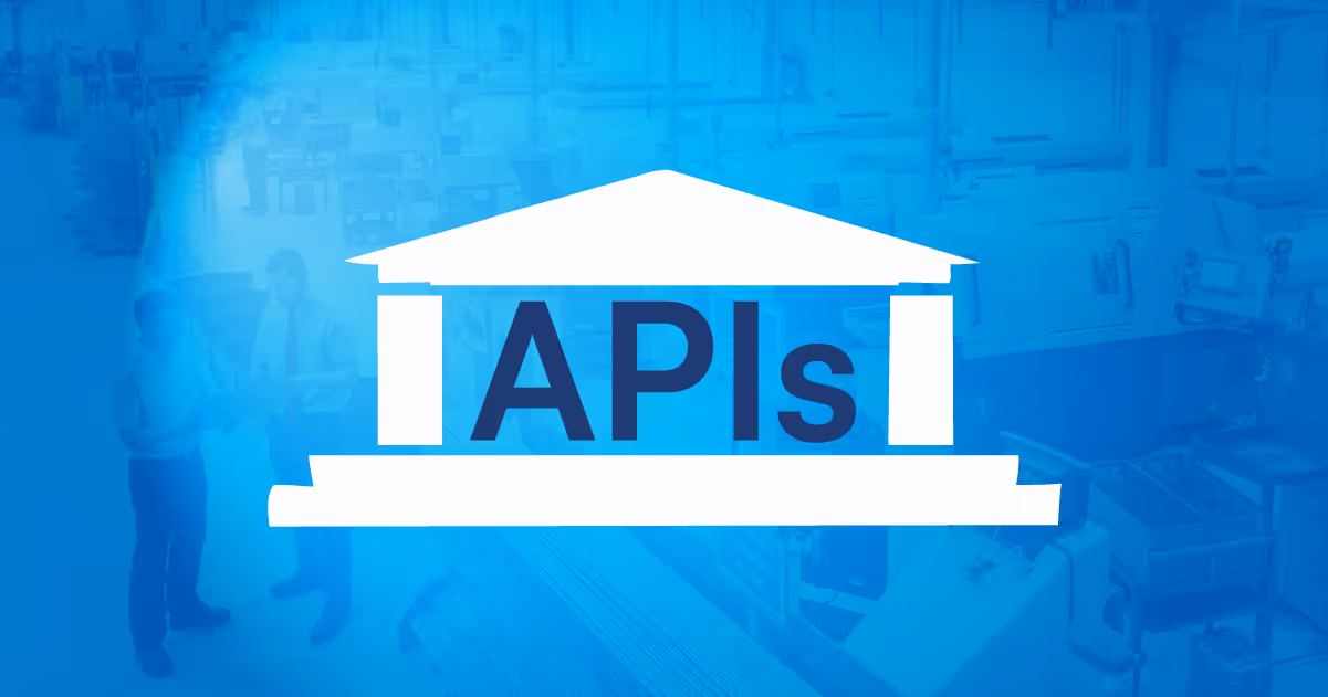 White icon of a classical building with the text APIs inside on a blue background with blurred office workers.
