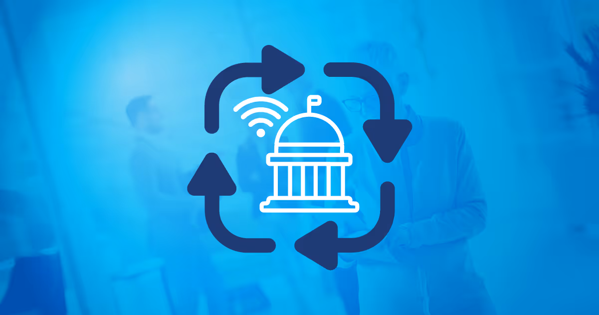Icon of a government building with a wireless signal and four surrounding arrows forming a loop on a blurred blue background with people.