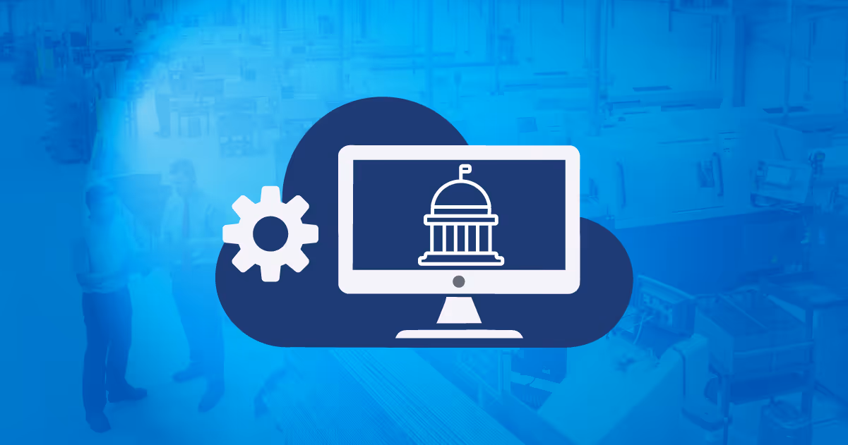 Cloud computing icon with a government building symbol on a computer monitor and a gear symbol, overlay on a blue office background.