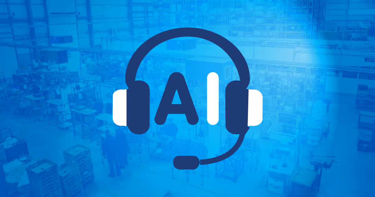 Icon of a headset with a microphone surrounding the letters 'AI' over a blurred blue-tinted background of an industrial or manufacturing facility.