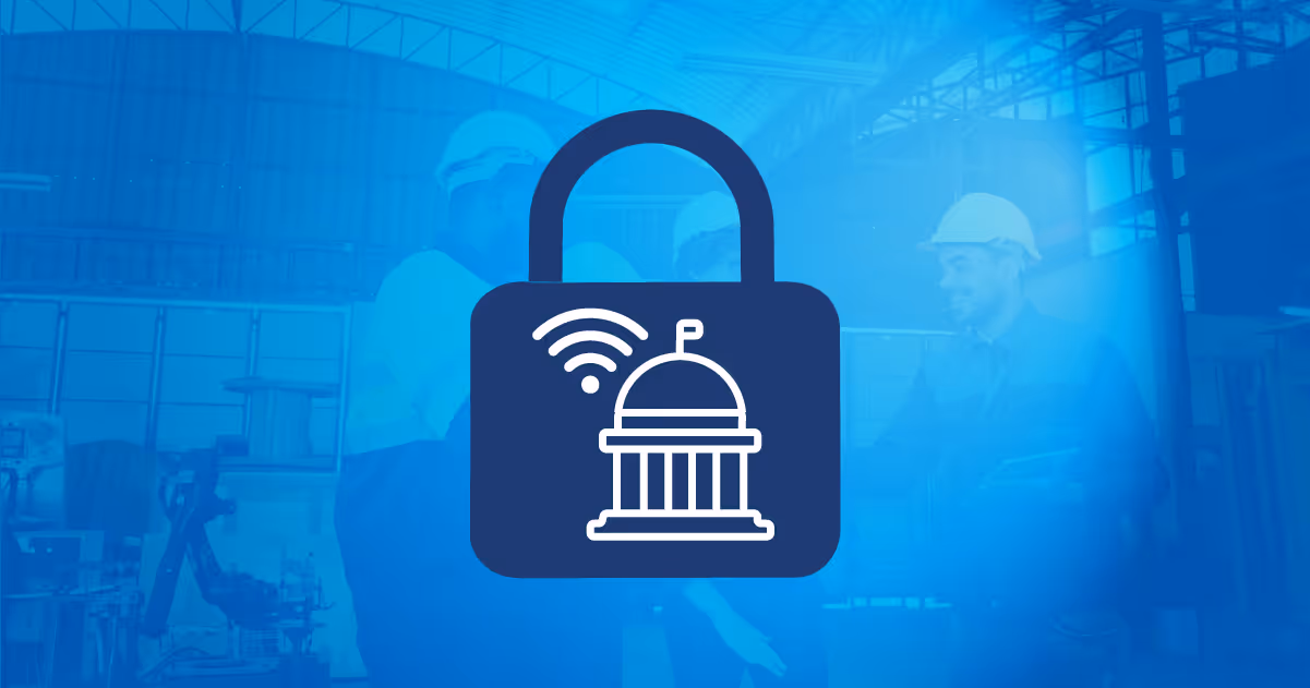 Blue padlock icon with a government building and wireless signal symbol overlaying a blurred background of industrial workers in hard hats.