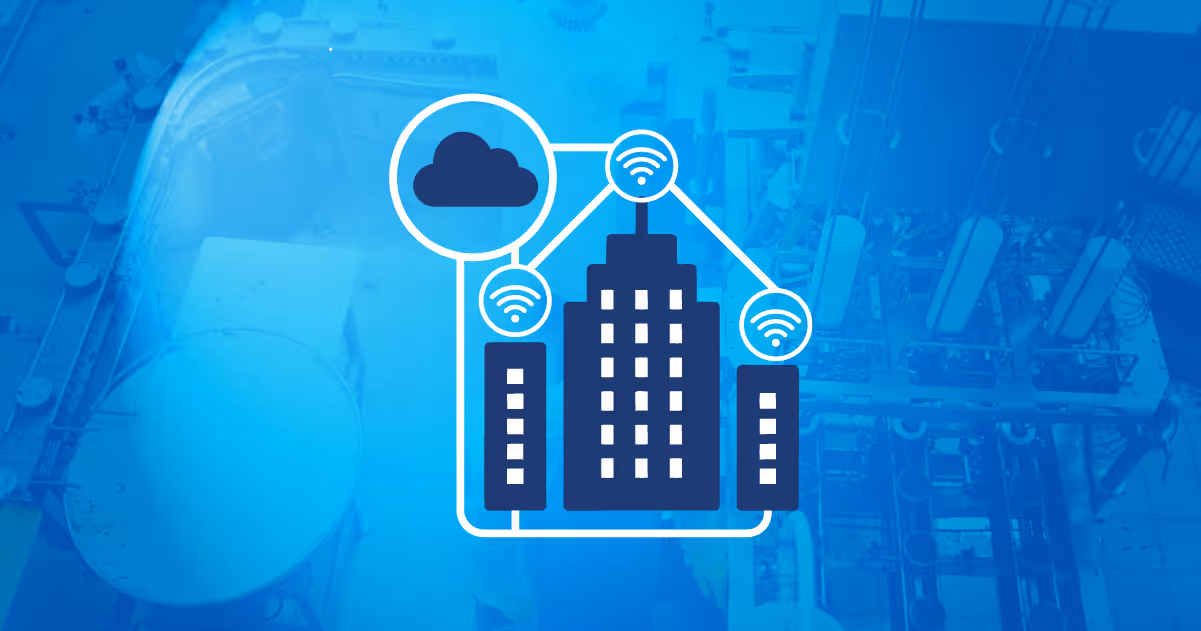 Illustration of smart buildings connected to a cloud network via wireless signals on a blue industrial background.