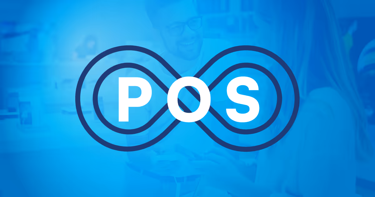 Logo with the letters POS inside an infinity symbol on a blue background showing two people interacting.