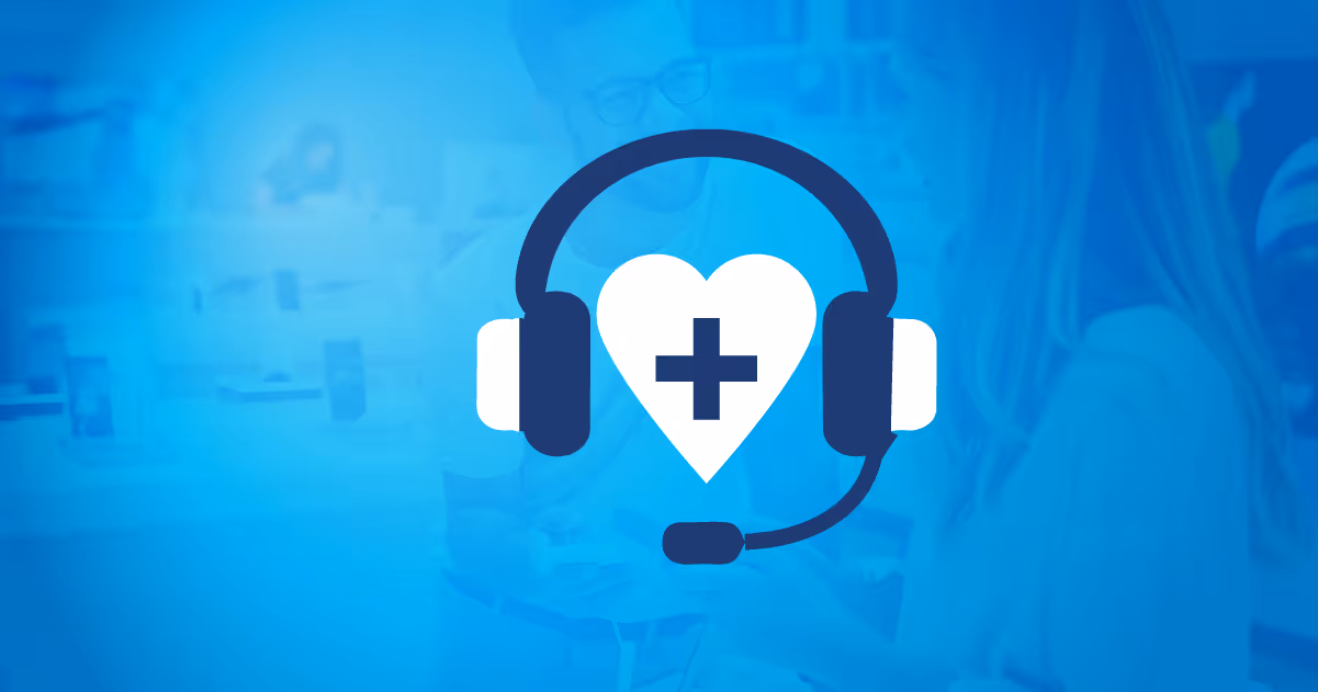 Headset icon encompassing a heart with a medical cross, symbolizing healthcare support.