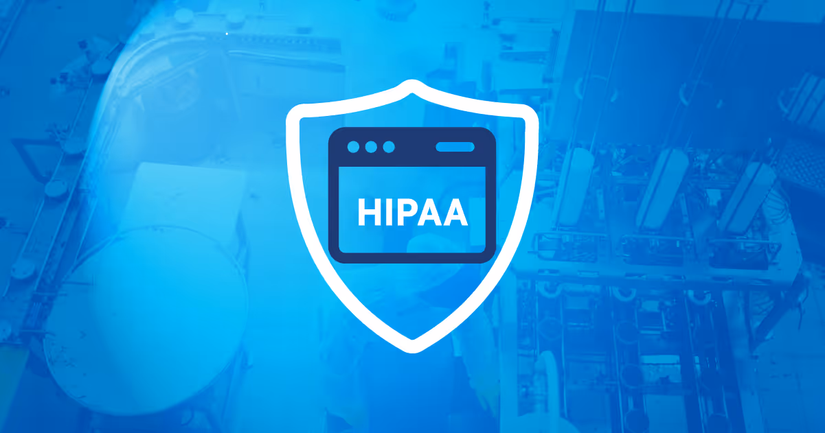 Blue shield icon with a browser window displaying the word HIPAA, symbolizing healthcare data security.