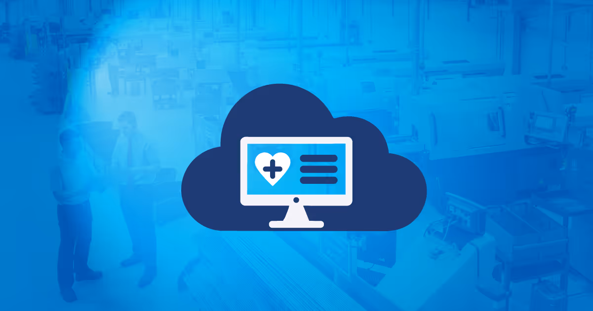 Illustration of a computer screen with a heart and medical cross inside a dark cloud symbolizing cloud-based healthcare technology, with a blurred background of two people in a medical or industrial workspace.