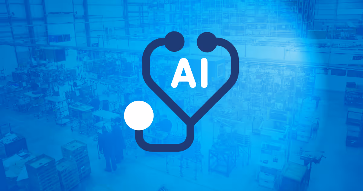 Blue-tinted image of a factory floor with an overlay of a stethoscope graphic and the letters AI inside it, symbolizing artificial intelligence in healthcare or industry.