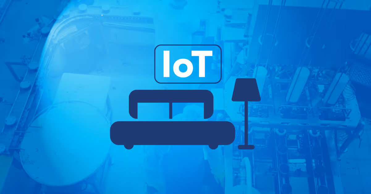 Icon of a bed and a floor lamp with text 'IoT' above, over a blue-toned industrial background.