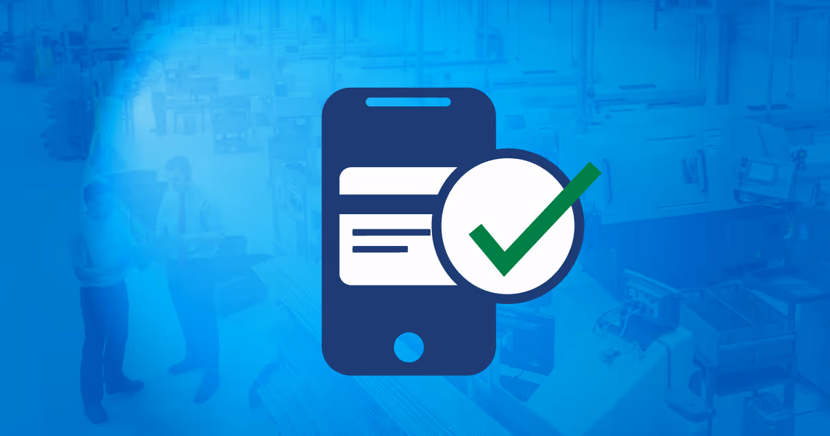 Illustration of a mobile phone screen with a large green checkmark symbol, against a blue-tinted industrial or office background with two people conversing.