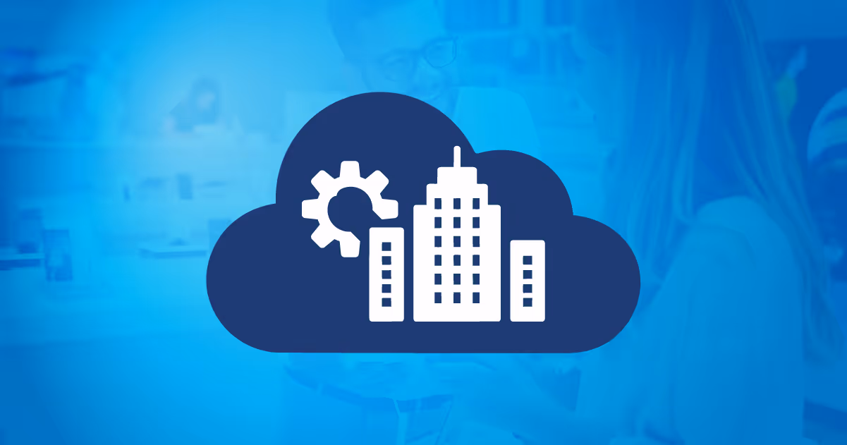 Blue cloud icon containing white building and gear symbols, over a blurred background of people in an office.