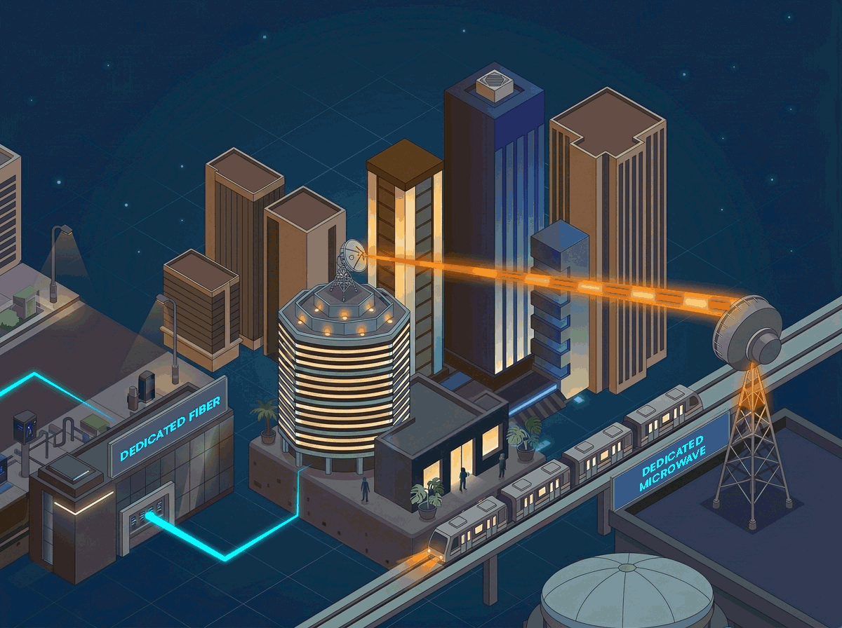 Illustration of a modern cityscape with a dedicated fiber optic line and a dedicated microwave transmission between buildings and a communication tower.