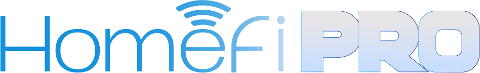 Logo with the word HomeFi in blue with a Wi-Fi signal icon above the letter 'i' and the word PRO in large block letters with a gradient light blue fill.