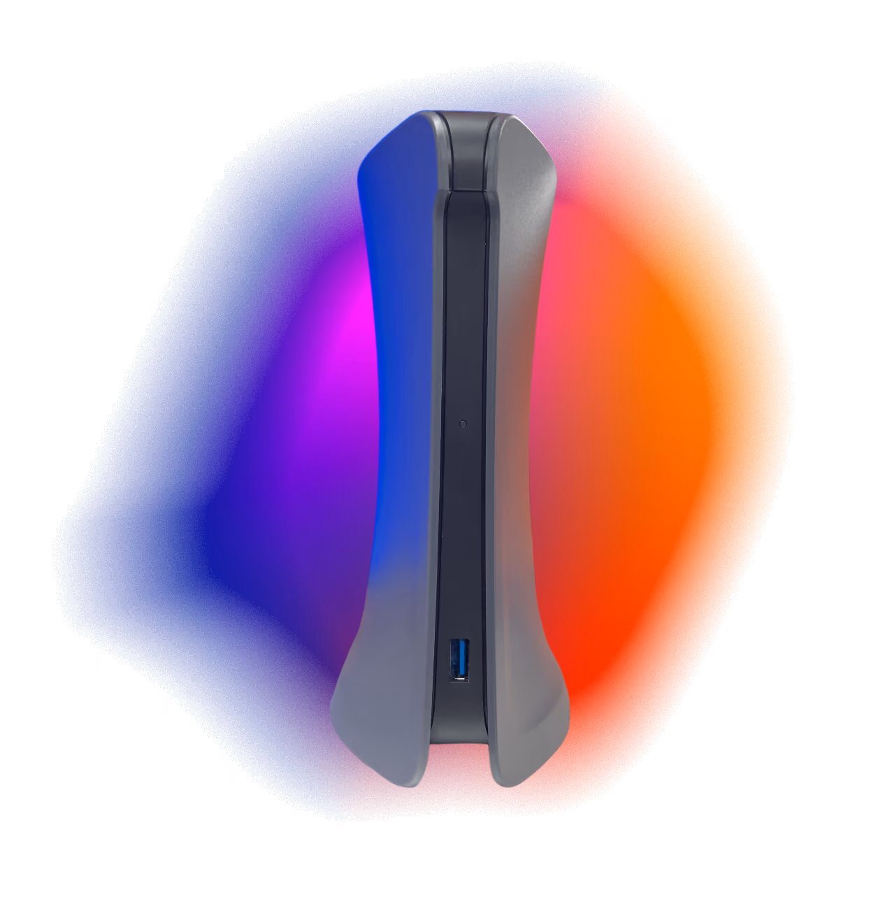 Front view of a sleek, modern wireless router with curved gray outer panels and a central black strip featuring a blue USB port, shown against a vibrant blue and orange gradient background.