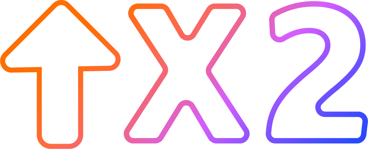 Colorful gradient outline of an upward arrow followed by the text 'x2' with a gradient from orange to purple and blue. This is the Double upload logo.