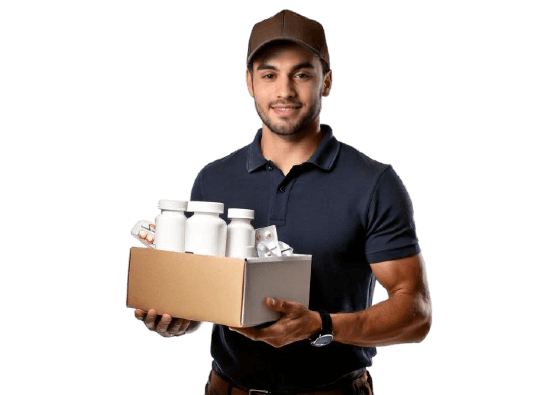 Delivery man holding a box with medical stuff ensuring convenient home delivery of Total Virility products