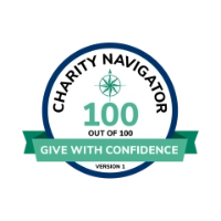 Charity Navigator emblem with the words, 100 out of 100 and Give with Confidence, displayed
