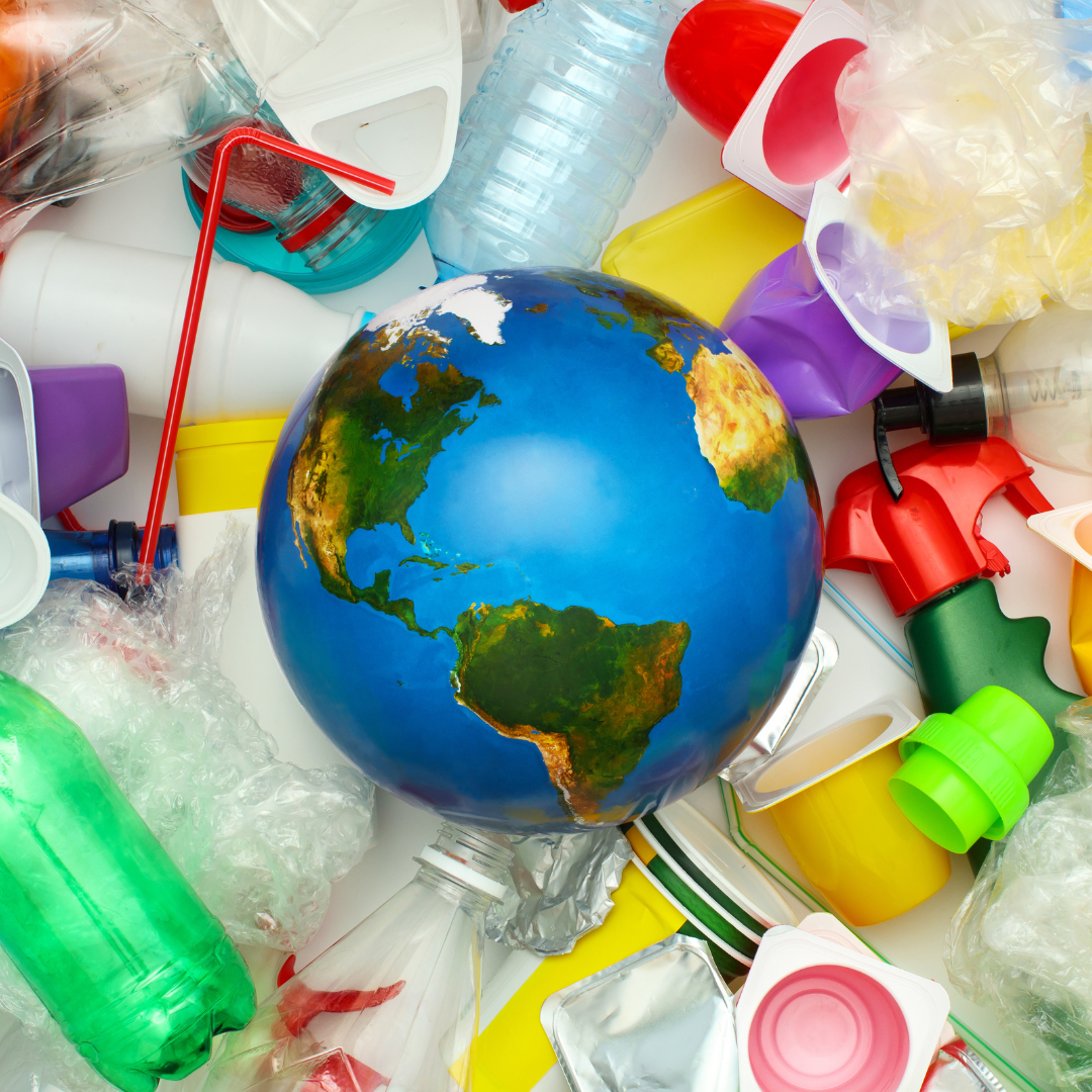 a globe surrounded with plastic on all sides
