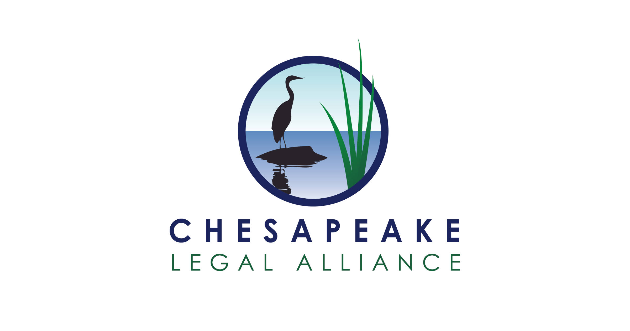 Chesapeake Legal Alliance logo; features type and an encircled illustration of a heron on a rock, surrounded by water, with grasses in the foreground.