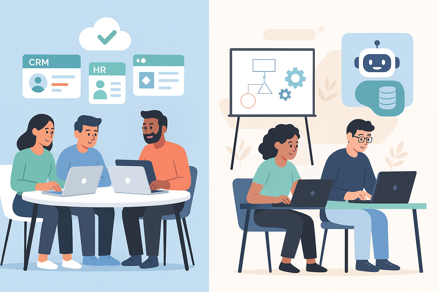 Illustration comparing SaaS and custom software workflows: On the left, a team collaborates using cloud-based CRM and HR tools; on the right, developers build AI-powered custom solutions with chatbot and system design icons.