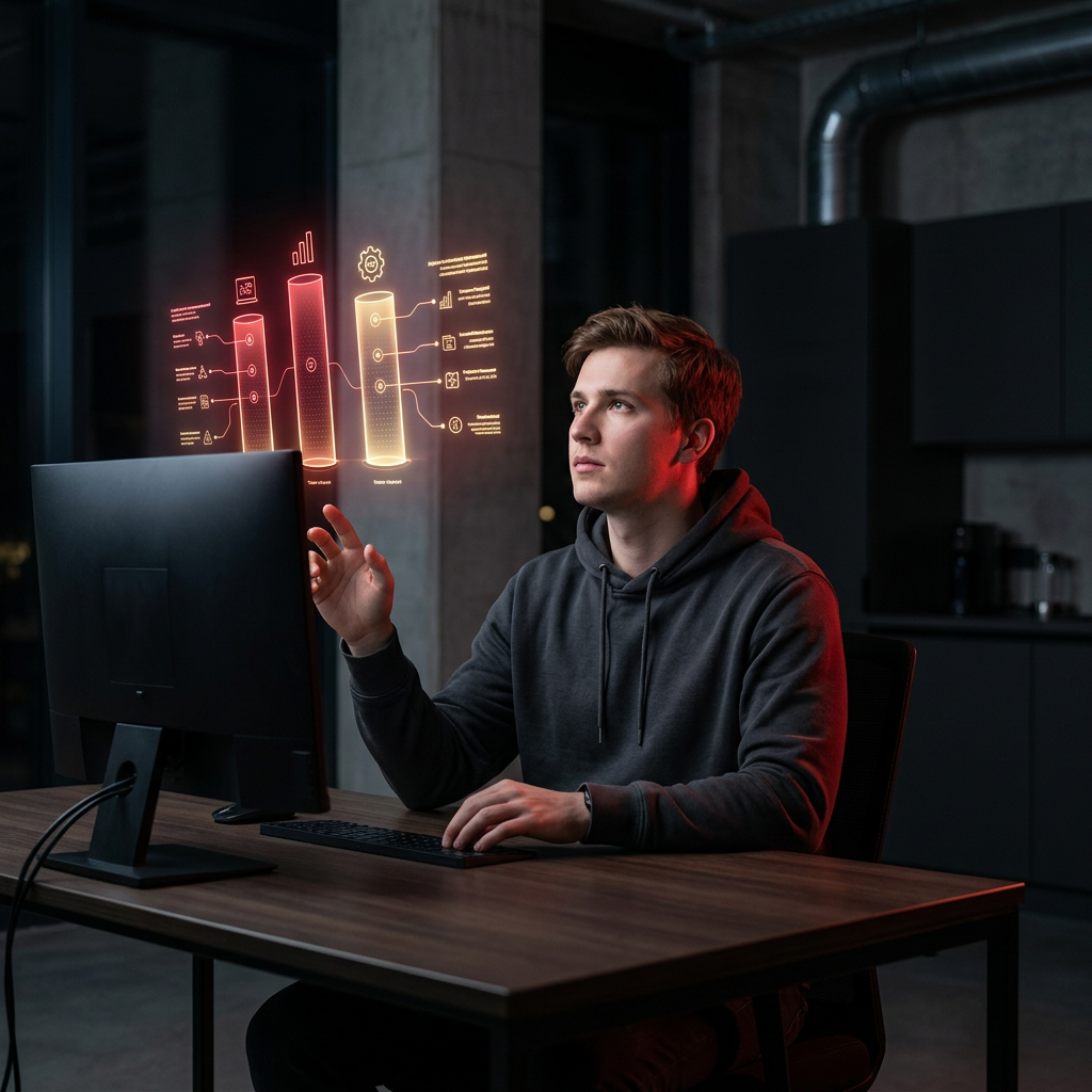 Founder evaluating framework comparison with glowing holographic display